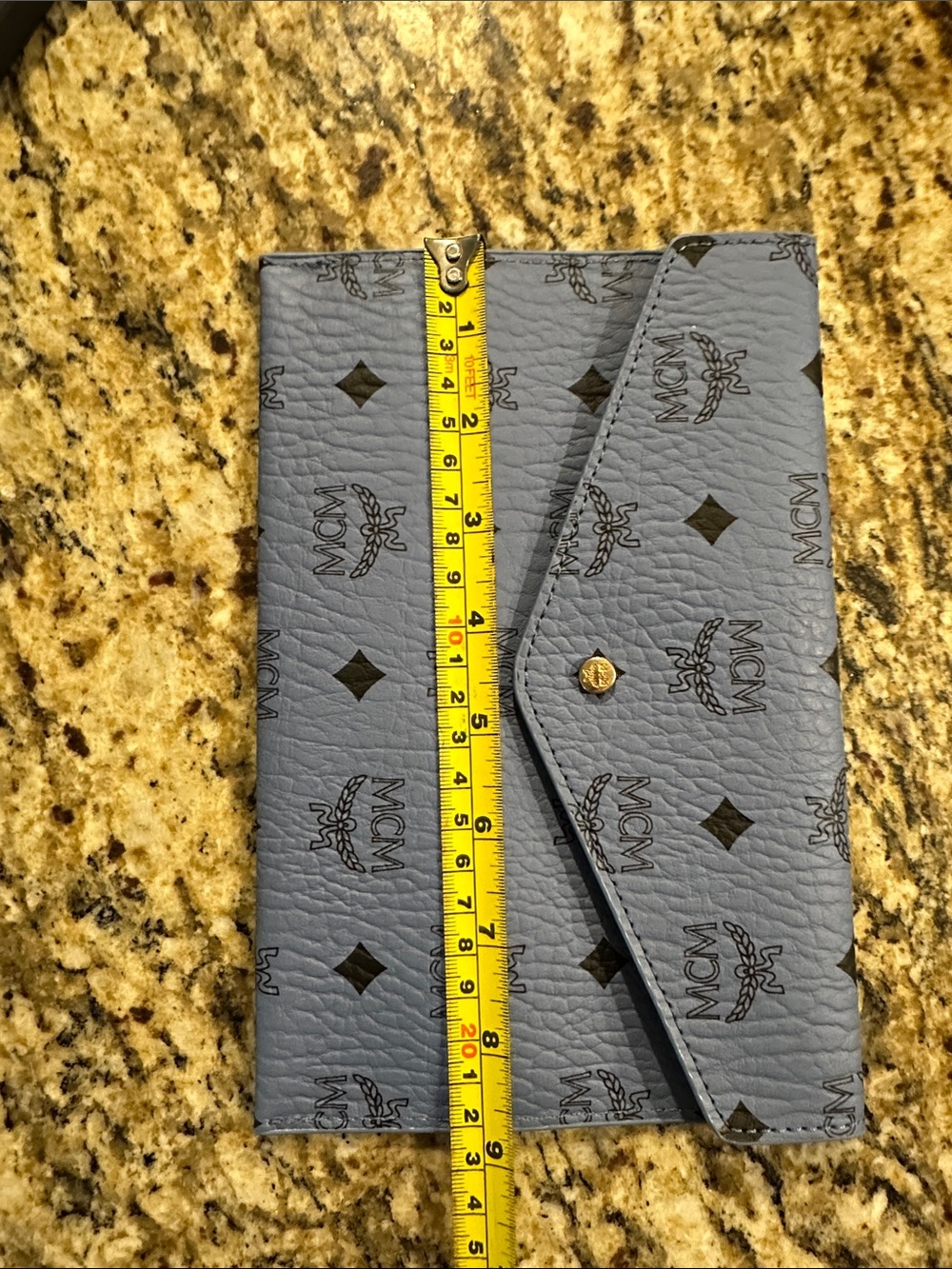 MCM Logo Monogram Envelope Clutch in Dusty Blue - Picture 15 of 15